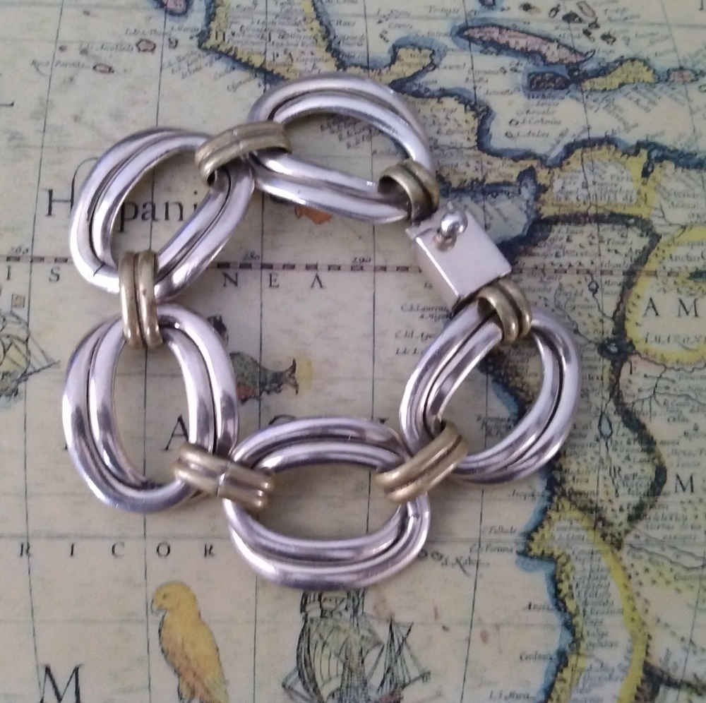 ❤️925 Sterling MEXCIO TG-228 CHIUNKY LINK BRACELET SILVER/BRASS 7.5 55.52 GRAMS